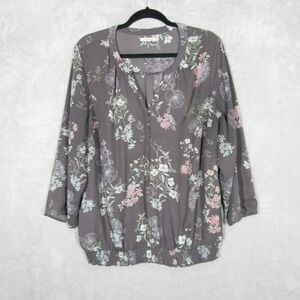 Maurices Womens Plus Size 2 2X Gray Floral 3/4 Roll Sleeve Smocked Hem Blouse